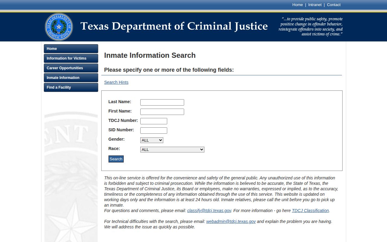 TDCJ search form for Upton County state release records